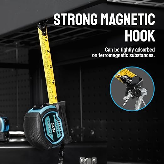 DURATECH Magnetic Tape Measure 16FT with Fractions 1/8, Retractable Measuring Tape, Easy to Read Both Side Measurement Tape, Magnetic Hook and Shock Absorbent Case for Construction, Carpenter