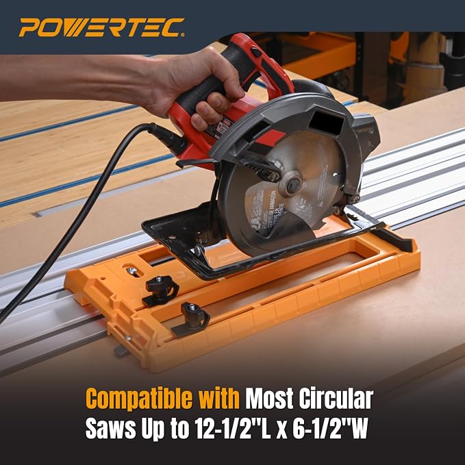 POWERTEC Universal Circular Saw Track Plate Compatible with Most Track Saw Guide Rails and Straight Edge Clamps, Tool-Free Mounting System, Adjustable Fence for Fast and Accurate Cuts (71993)