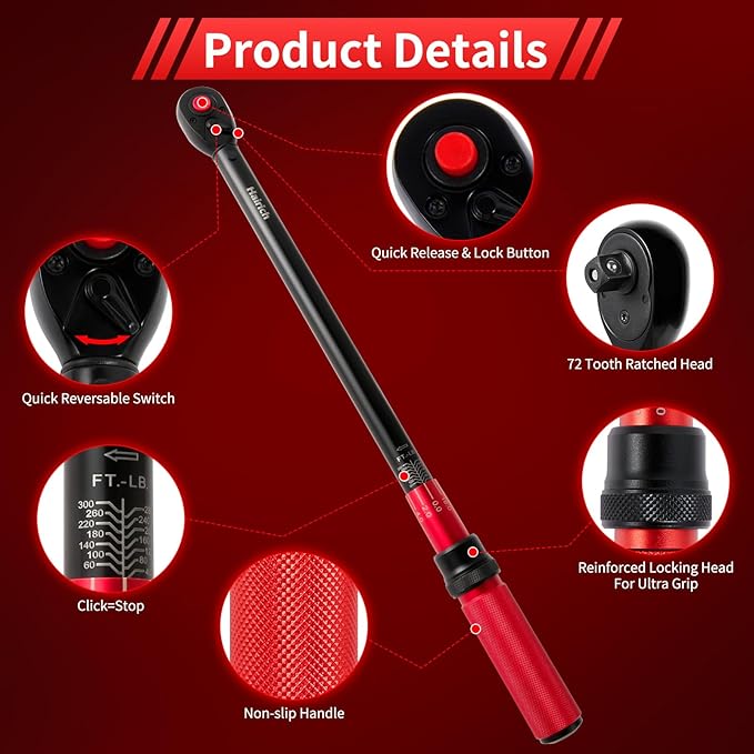 Hairich 1/2-Inch Drive Click Torque Wrench, Dual-direction 40-300ft.lb/33.9-406.8Nm, 72-tooth Torque Wrench with Dual Range Scales, ±3% High Precision