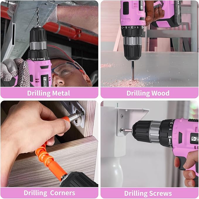 FADAKWALT Cordless Drill Set, 20V Electric Power Drill With Battery And Charger, 30N Torque, 21+1 Settings, 3/8-Inch Keyless Chuck, Driver Bits Kit, LED Light (Pink)