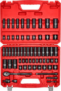 VEVOR Impact Socket Set 3/8" Drive, 64-Piece Standard SAE (5/16 to 1 inch) & Metric (6 to 24 mm) Size, Deep & Shallow, 6 Point, CR-V, Ratchet Handle, Extension Bars, Universal Joint, Adapters