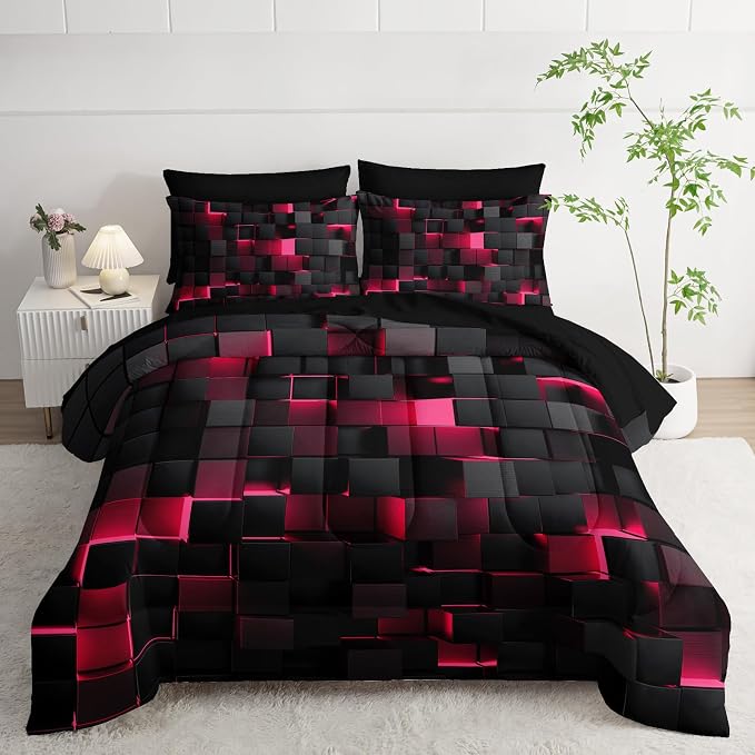 Nttopship Geometric Pink Black Full Comforter Set,Light Honeycomb Bedding Set 7 Piece in A Bag,Bed Sheet Set Geometry Decor,Microfiber Lightweight All Season
