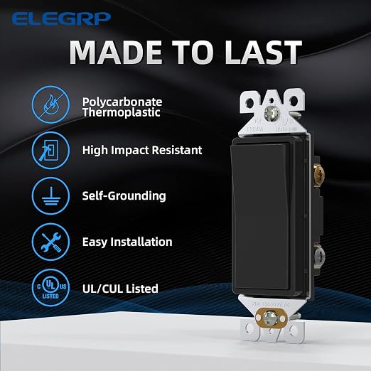 ELEGRP 3 Way Decorative Light Switch, 15Amp, 120-277 Volt, AC Decorator Rocker Paddle Wall Switch Replacement, Self-Grounding, Residential and Commercial Grade, UL Listed (20 Pack, Glossy Black)