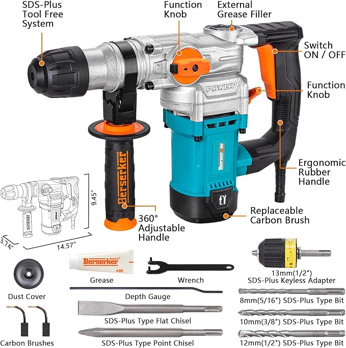 Berserker 1-1/8" SDS-Plus Rotary Hammer Drill with 1/2" Keyless Adapter | 1050W 9 Amp 3 Functions 9.5 lb. Corded Electric Safety Clutch Rotomartillo for Concrete Cement Masonry Drilling,Tile Removal