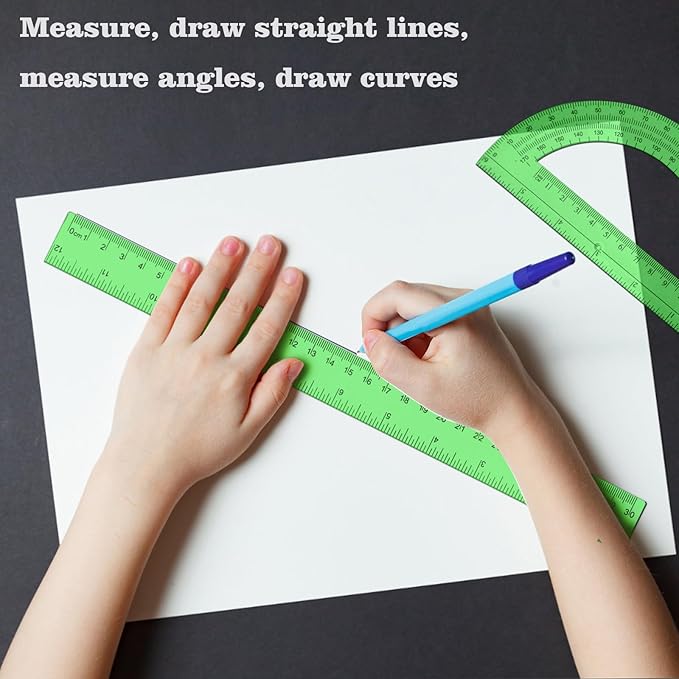 2 Packs 12 Inch Plastic Ruler and 6 Inch Plastic Protractor Set Clear Math Geometry Set Classroom Set Angle Detector School Supplies Classroom Ruler Home Office Drawings (Green)