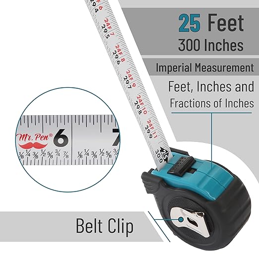Mr. Pen- Retractable Tape Measure 25 ft, Teal & Black, Easy Read, Steel Retractable Measuring Tape with Fractions, Ideal for Construction & DIY Projects
