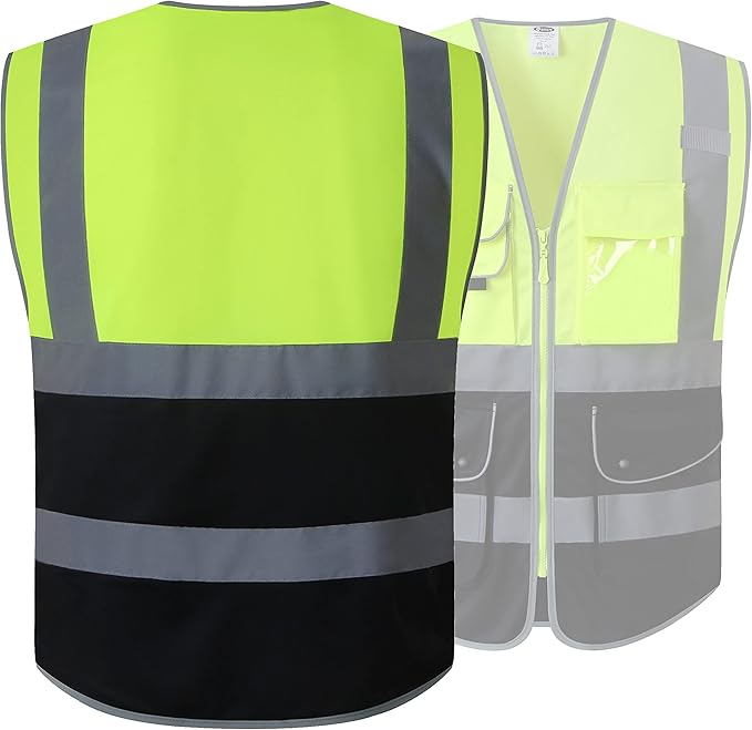 JKSafety 9 Pockets High Visible Reflective Safety Vest Zipper Front Breathable Lining, Yellow-Black Meets ANSI/ISEA Standards(150-Yellow-Black L