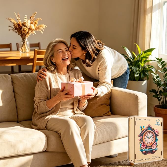 Pikoqunc Puzzles for Adults, Pink Clock House 200 Pieces Jigsaw Puzzle, Unique Shaped Wooden Puzzles, Fun Family Game, for Mom Grandma, Friends & Family 9.8'' x 11.2''