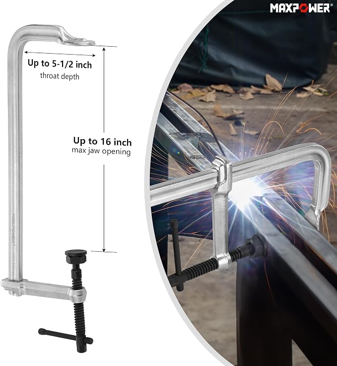 MAXPOWER 16 inch F Clamp, 5-1/2 inch Throat Depth, Removable Swivel Pad, Max Jaw Opening 12-inch Heavy Duty Clamps for Welding