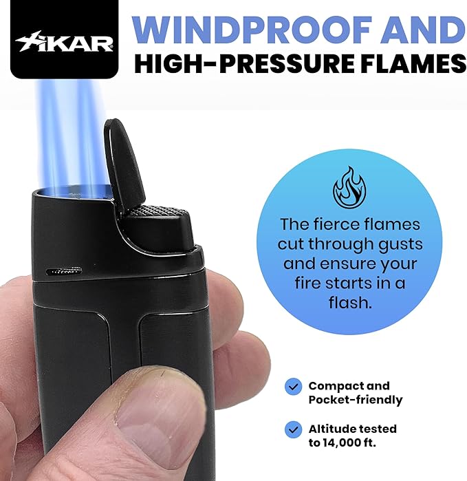 XIKAR ELX Double Jet Flame Butane Torch Lighter with 9mm Cigar Punch – Refillable Butane Lighter with Fuel Window – Wind-Resistant Adjustable Flame – Premium Cigar Accessory – Black