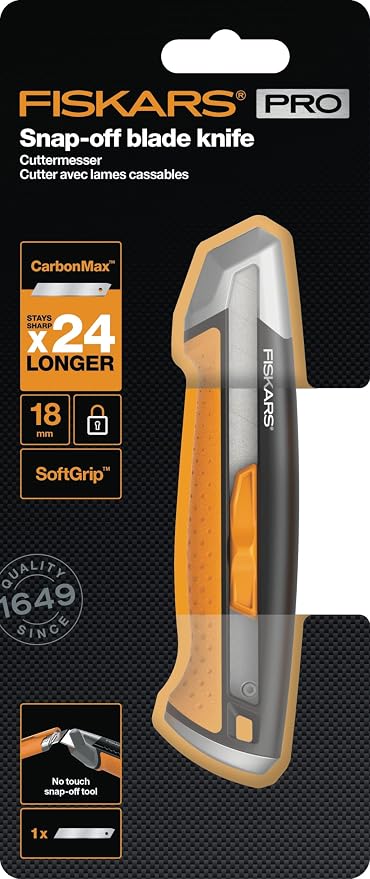 Fiskars CarbonMax Snap-Off Knife, Length 16,5cm, Including (18mm), Stainless Steel Blade/Plastic Handle, 1027227, Orange/Black