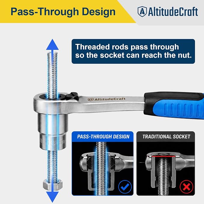 17-Piece Metric Pass-Through Socket Set for Long Studs | 13 Metric Sockets, Reversing Ratchet, Extension Bar, 3/8-In and 1/2-In Adapters for Long Studs and Strut Work