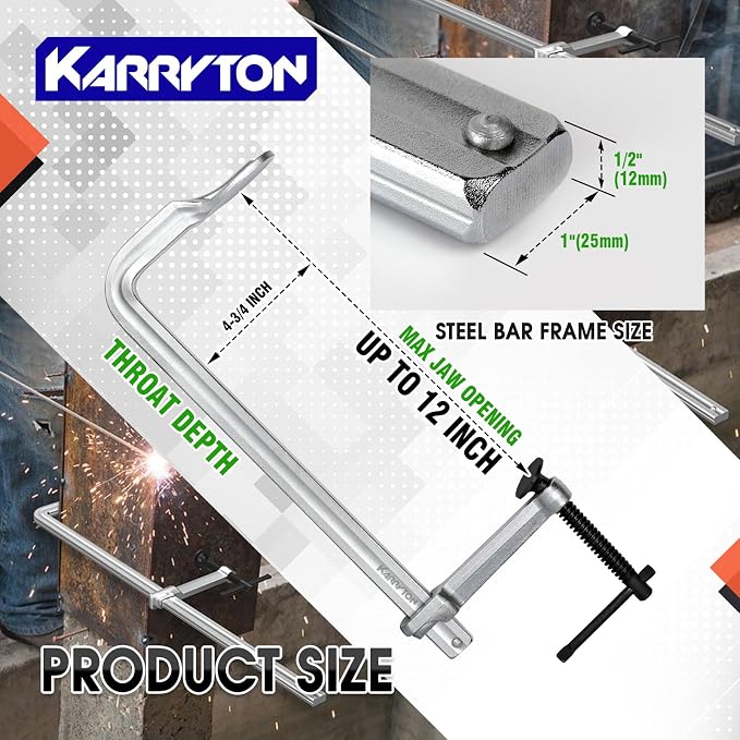 4-Pack Heavy Duty 12"(300x120mm) F-Clamp w/ 4-3/4" Throat Depth, Bar Size 1"x15/32", 1400LB Clamping Force, Drop Forged Steel Bar Clamps for Wood, Metal, Pipe, Welding and DIY Projects