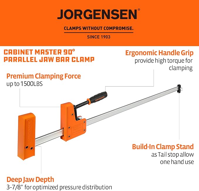 Jorgensen 36-inch Bar Clamps, 90° Cabinet Master Parallel Jaw Bar Clamp Set, 2-Pack