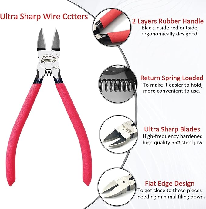 Wire Cutters 5 PACK, 6 inch, Side Cutters, Flush Cut Pliers | Spring Loaded Cutting Pliers with Non-slip Red Handle, Wire Cutters Heavy Duty for Jewelry Making, Crafts, Zip Tie