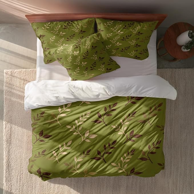 Batmerry Green Brown Leaves Twin Size 100% Cotton Duvet Cover Sets, Art Plant Illustration Bedding Set with Zipper Closure Corner Ties, 3 Pieces (1 Cover + 2 Pillowcases No Comforter)