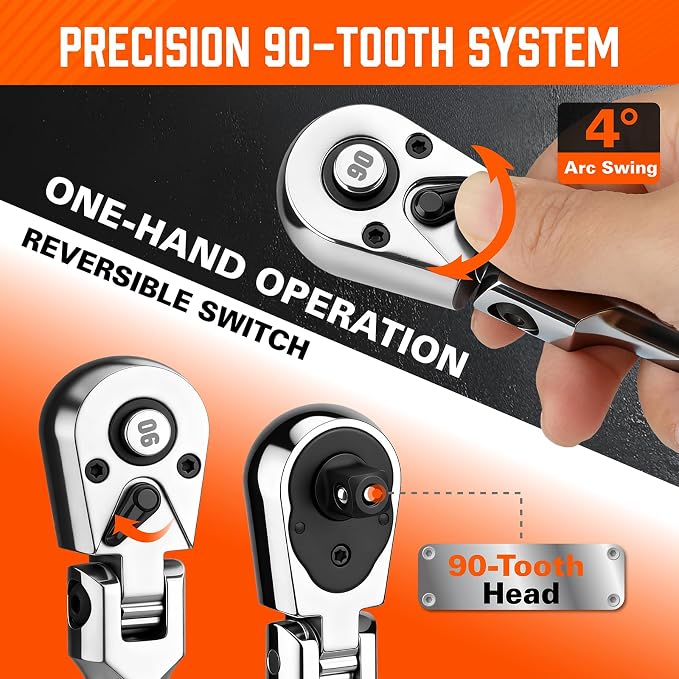 10-Piece Flex-Head Ratchet Set, 1/4", 3/8" & 1/2" Drive Socket Wrenches, 90-Tooth Quick-Release Reversible Low-Profile, Extension Bars (4", 10", 6") & 4 Adapters for Automotive, Bike, and Home Repair