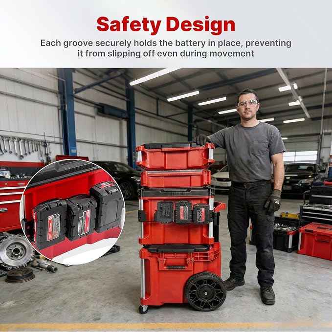 4-Slot Battery Holder Compatible with Milwaukee M18 Battery | Side Mount Storage with Rail Clips, Battery Secure Storage & Easy Access, Fits Packout Toolbox Organizer System