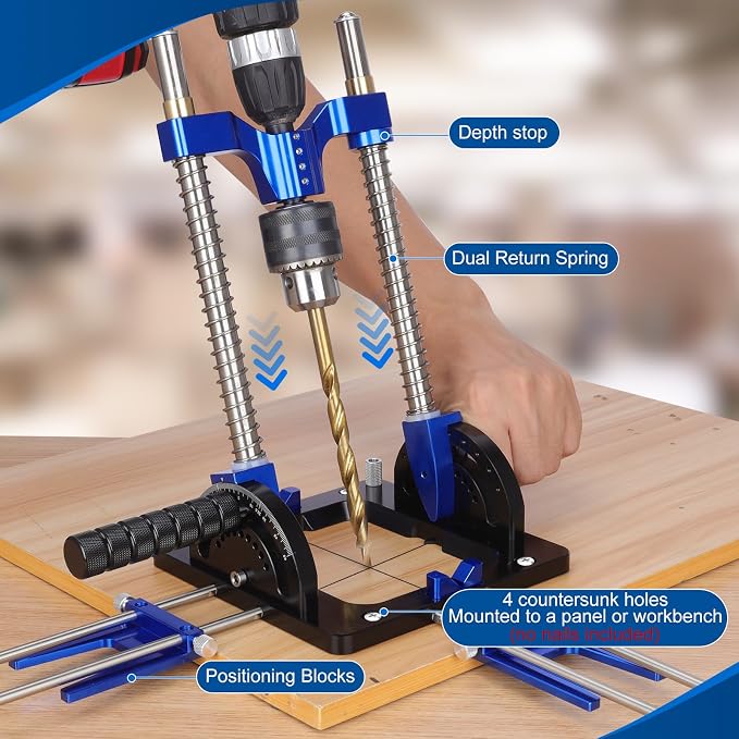 Upgraded Portable Drill Guide, Adjustable 0°to 60°Multi Angle Drill Guide for Straight Holes, Drill Press Adapter for Hand Drill, with 1/2" Chuck, Key, Guide Rod Precision Drilling Jig,Heavy-Duty