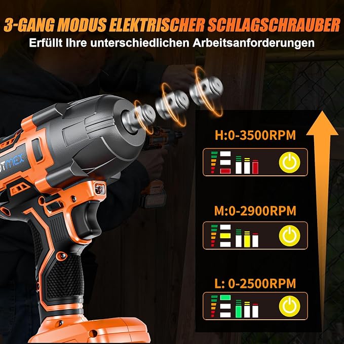 Cordless Impact Wrench, 900Ft-lbs (1200N.m) 1/2" Brushless Impact Gun, 21V High Torque Power Impact Driver, 2x4.0Ah Batteries Electric Impact Motor Variable Speeds for Car/Pickup Truck/Mower
