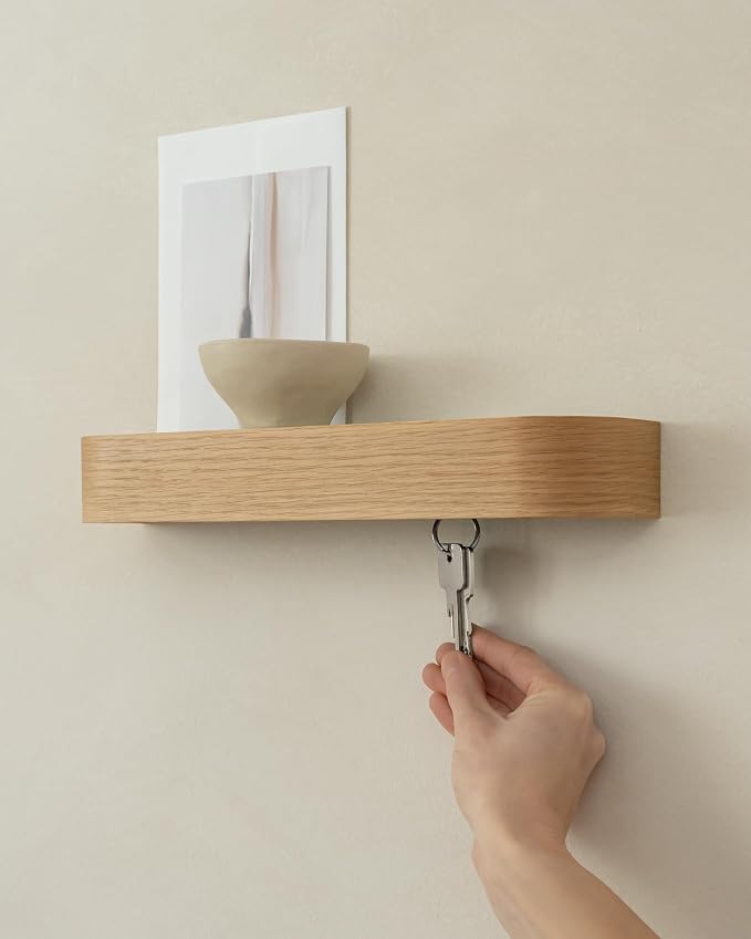 Kazai. Key Holder 'Toke' | Minimalist Key Hook Design from Berlin | Modern Key Holder Wall Mount with Wooden Shelf | Key Rack for Wall as Entryway Organizer | Oak