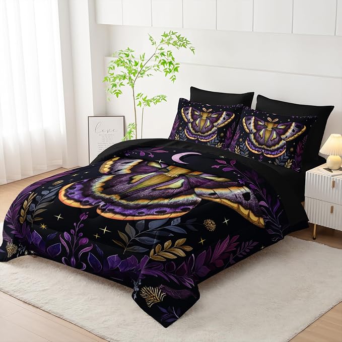 Gothic Moth Comforter Sets King Size,Bohemian Butterfly Vegetation Leaf Flash Bedding for Kids Room Decor,Mysterious Aesthetics Bedding with Comforter,Fitted Sheet,Flat Sheet,Pillowcases.