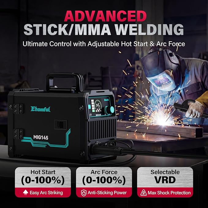 145A 4-in-1 MIG Welder,110V/220V Dual Voltage Gas MIG/Flux Core MIG/Lift TIG/Stick Multiprocess MIG Welding Machine, Portable IGBT Inverter with Synergic Control & Auto Darkening Helmet，Gloves