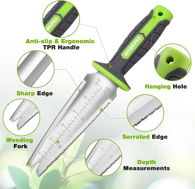 WORKPRO Hori Hori Garden Knife, 7" Stainless Steel Blade with Cutting Edge, Garden Tools with Oxford Sheath, Ergonomic TRP Handle with Hanging Hole for Weeding, Planting, Digging