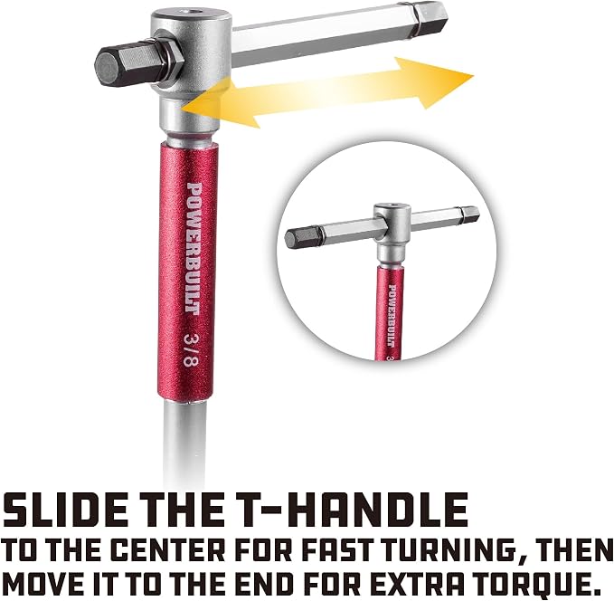 Powerbuilt 8 Pc SAE T-Handle Hex Allen Key Wrench Set w/ Speed Sleeves for Fast Spinning Action, Sliding Top Handle for “T” or “L” Shape, Long Shafts, Storage Rack, Auto, Bicycle, Moto - 941644 , Red
