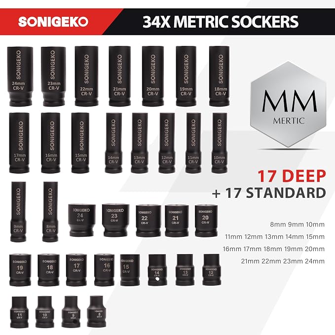 70-Piece 1/2" Drive Impact Socket Set, SAE 5/16"-1-1/4" & Metric 8-24mm | Cr-V Swivel Sockets, 6 Point Shallow & Deep with Ratchet Handle,Extension Bar(3"5"10"), Adapters, and Storage Case