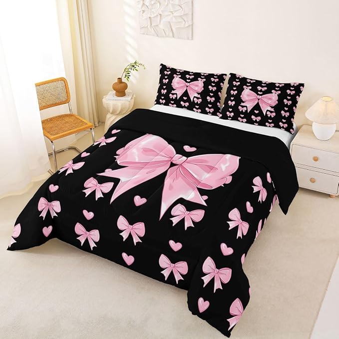 Feelyou Cute Black Pink Bowknot Kids Comforter Set Full Size Love Hearts Bow Bedding Set Girly Bow Tie Duvet Quilt for Kids Boys Girls Bedroom Decor Microfiber Ultra Soft Breathable