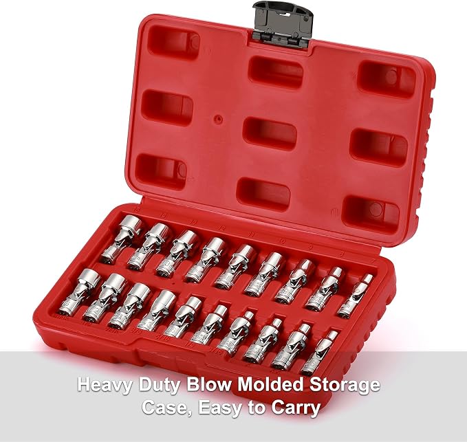 CASOMAN 19PCS 1/4" Drive Universal Joint Socket Set, Metric(5mm to 15mm) & SAE(3/16" to 9/16"), Flexible Wobble Sockets for Easier Access to Tight Spaces, 6-Point, Cr-V