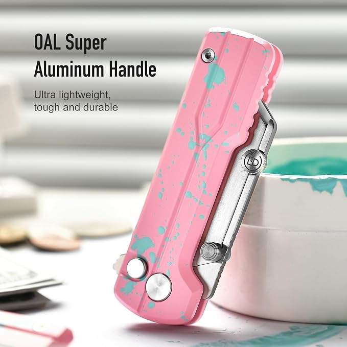OKNIFE U1 Ultra Pocket Folding Utility Knife with Ceramic Blade, Lightweight O-Aluminum Handle Button Lock EDC Box Cutter with Clip for Men Women (Pink)