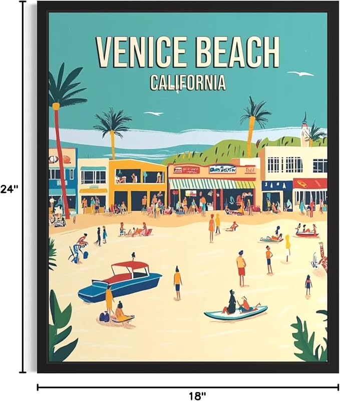 Venice Beach California Black Framed Wall Art Print Poster, US Vintage Retro Beach Scenery Posters Prints for Restroom Home Picture Painting Artwork Gallery 219 (Venice Beach California, 24"L x 18"W, Black Frame)