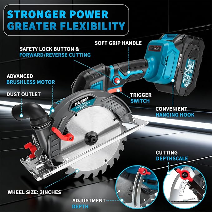 6-1/2" Cordless Circular Saw, 21V Brushless Power Circle Saw 2 x 6.0AH Battery, 5500RPM sierra Circular Inalambrica with 3 Cutting Blades, Max Cut Depth 2-1/4"(90°), 1-7/16" (45°) for Wood, PVC