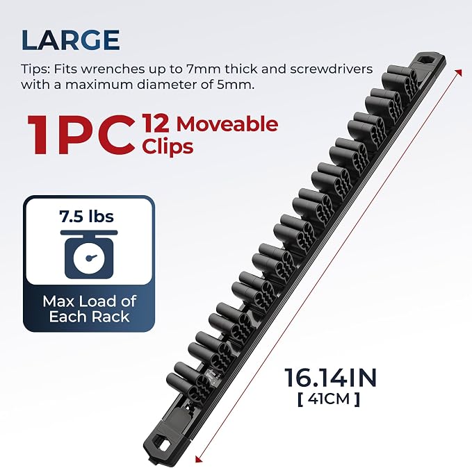 Reniteco Magnetic Screwdriver & Wrench Organizer, 12-Slot Tool Holder | Heavy-Duty Aluminum Alloy Rail Tool Holder, Flexible High-Tension Tool Clips, Magnetic Base, Tool Box Drawer or Wall Mount
