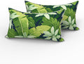LVTXIII 2 Pack Outdoor Lumbar Pillows 12x20 Inch with White Piping, Fade Resistant Support Throw Pillows with Inserts for Patio Furniture, Sofa, Chair, Jungle Leaves