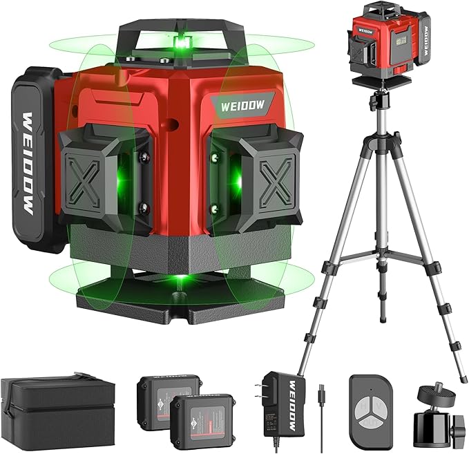 weiddw Laser Level with Tripod, Self Leveling Laser Level 4x360°, Green Line Laser 4D Laser Leveler Tool with 2Pcs Lithium Batteries for Picture Hanging, Tile, Home Renovation, Indoor