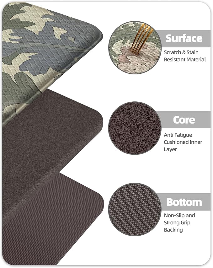 Color&Geometry Floral Kitchen Mat 24"x87", Anti Fatigue Kitchen Mats for Floor, Kitchen Rugs Non Slip, Waterproof & Oil Proof Padded Runner for Standing Desk Office, Sink -Beige