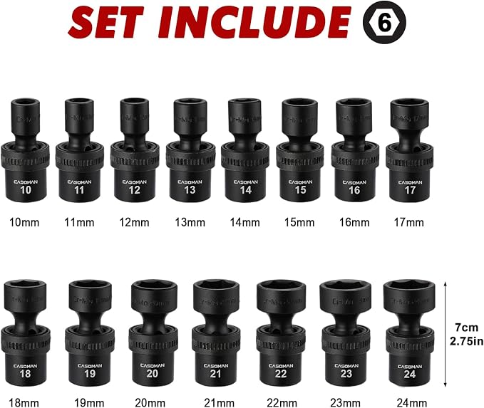 CASOMAN 15 PCS 1/2" Drive Standard Universal Impact Socket Set, 6 Point, Metric,10-24mm