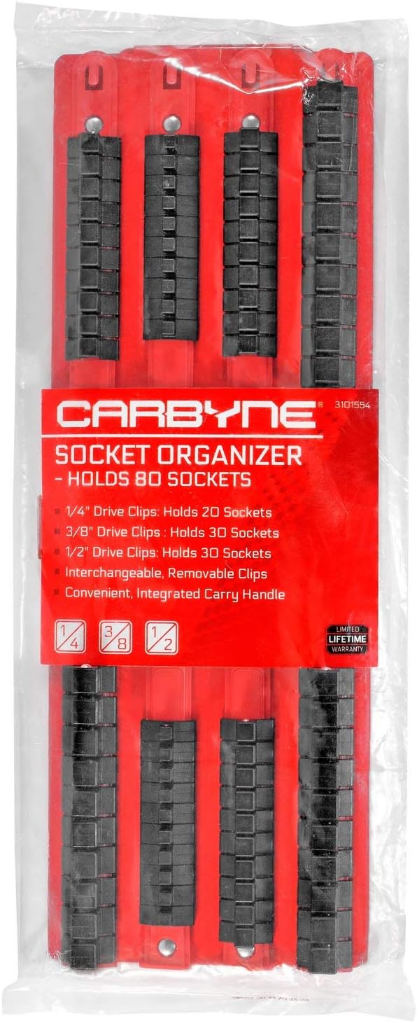 Carbyne 80 Piece Socket Organizer Tray | Fits 1/4-Inch, 3/8-Inch, 1/2-Inch Drive Sockets, Heavy Duty Socket Rail, Red Rails with Black Clips