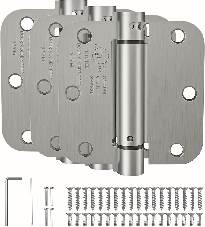 HOSOM Self Closing Door Hinges 3.5 Inch Spring Loaded Hinges Adjustable Tension for Interior Door, UL Listed, for Left and Right Hand Door, 5/8'' Radius Corners, Brushed Nickel, 3 Pack