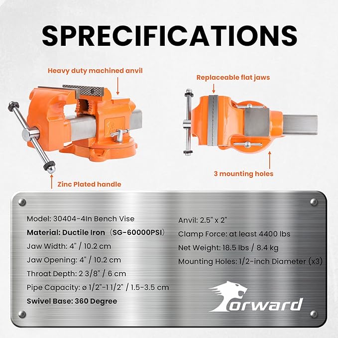 Forward Bench Vise 4 Inch Ductile Iron Bench Vice with 360 Degree Swivel Base and Channel Steel Guide Bar 30404 (4")