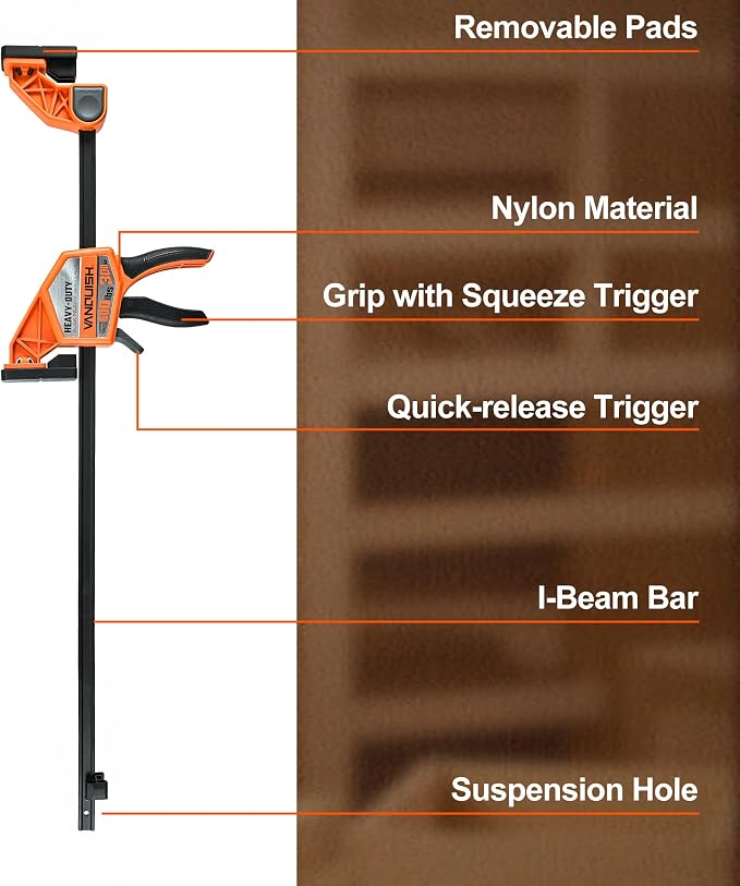 VANQUISH 24" One Hand Clamp/Spreader, 600Lbs Clamping Force, 3.4in. Throat Depth Heavy Duty Quick Release Bar Clamps, Tools & Equipment for Woodworking, Carpentry, Home Improvement, DIY