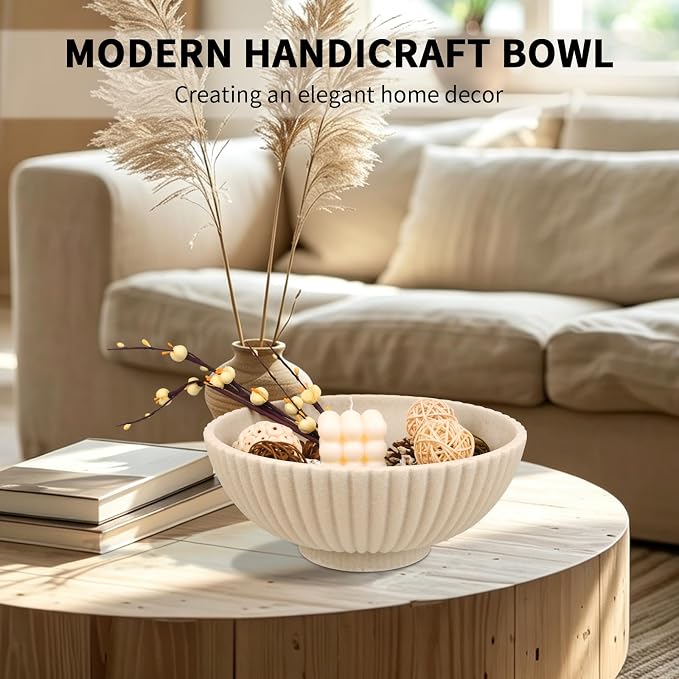 L'ARL GMVOI Large Decorative Bowl,Modern Handicraft Bowls for Home Decor,Fruit Bowl for Kitchen Counter,Stylish Key Bowl for Entry Table,Artificial Stone Beige