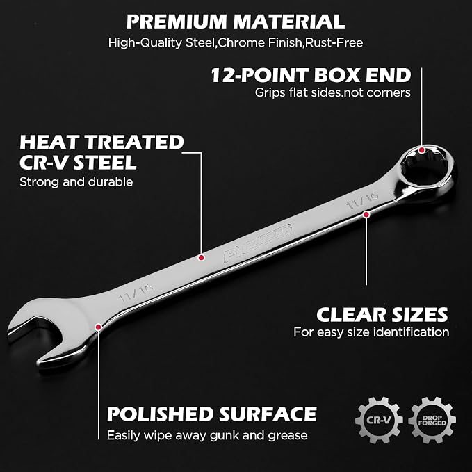 15-Piece SAE Combination Wrench Set, 1/4''–1'' 12-Point Open End and Box End Wrench Kit with Organizer, Chrome Vanadium Steel Tools for Mechanics, Garages and Workshops
