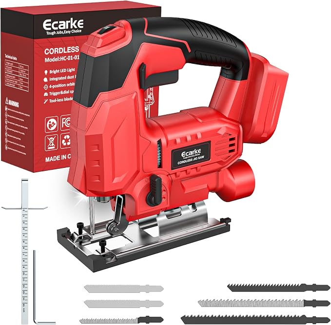 Ecarke Cordless Jig Saw Compatible With Milwaukee 18V Battery, 4 Orbital Sets, 6 Variable Speeds Control, Dust-Blowing, ±45° Bevel Cuts, LED Light & 6PCS Blades for Straight Curve Cutting, Tool Only