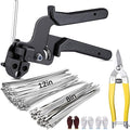 Stainless Steel Cable Tie Gun Kit, 200 Pcs Metal Zip Ties (100 Each of 8/11.8 Inch), Adjustable Fastening and Cutting Tools for Fence, Chain Link Fence, Pipe, Industrial Use