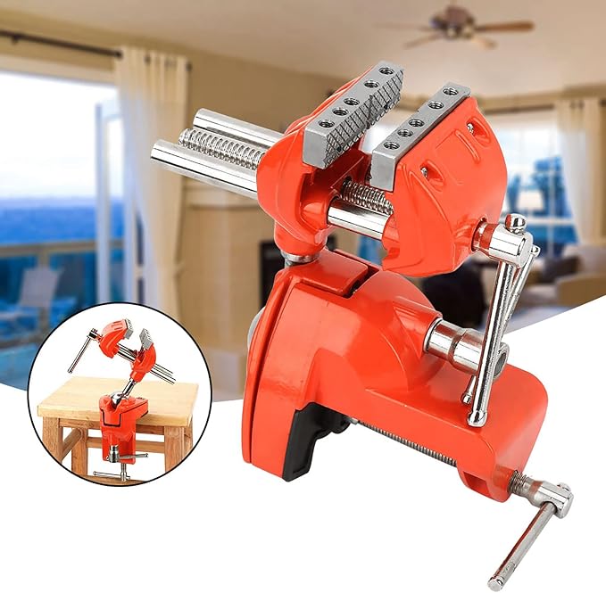 360° Swivel Clamp Bench Vise with Post, Orange for Woodworking DIY