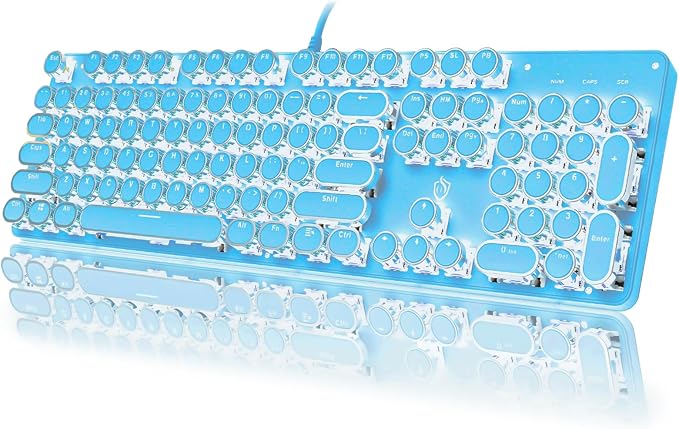 YSCP Typewriter Style Mechanical Gaming Keyboard White Backlit Wired with Blue Switch Retro Round Keycap 104 Keys Keyboard (Blue)